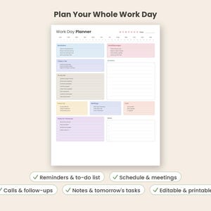 Work Day Planner editable| Work Day Organizer| Daily Work Schedule | Work Task Planner | To Do List| Hourly Planner | Productivity Planner image 9