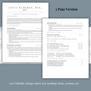 May include: A two-page resume template with the name "SOFIA RAMIREZ, BSN, RN" at the top. The resume includes sections for nursing experience, education, and skills. The text "2 Page Version" is visible. The bottom of the image reads "100% Editable: change colors, text, headings, fonts, sections, etc."
