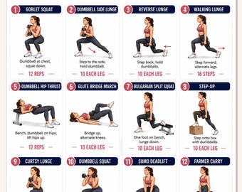 Entraînement des fessiers et des jambes avec haltères à imprimer | Tableau des 16 jours d'exercice pour les jambes | Poster d'entraînement pour le butin de gym à domicile | Bas du corps | Téléchargement instantané