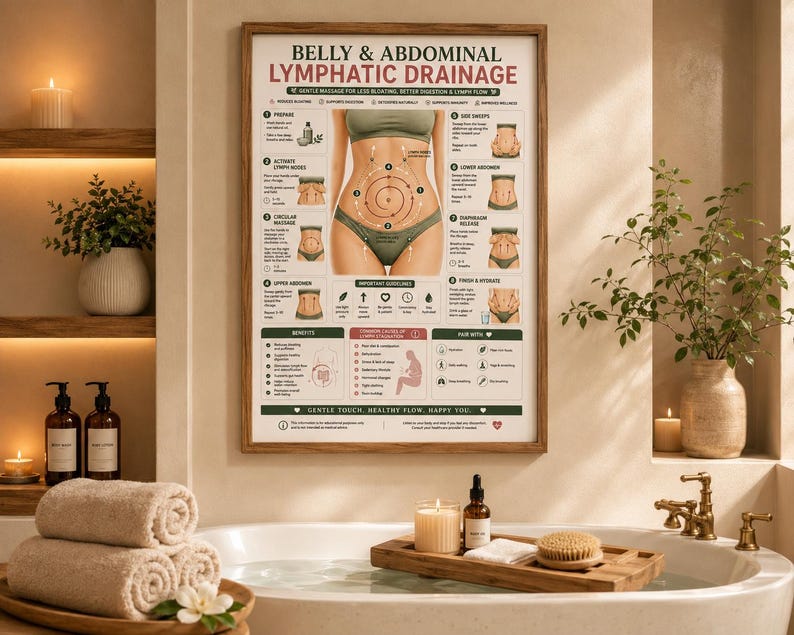 Belly Abdominal Lymphatic Drainage Massage Poster Printable| Stomach Massage Chart | Bloating Relief  | Wellness Printable A4 US Letter