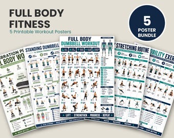 Full Body Fitness Bundle Printable | 5 Workout & Mobility Posters | Dumbbell, Stretching Mobility Charts | Home Gym Set | Instant Download