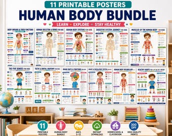 May include: A bundle of 11 printable educational posters titled Human Body Bundle, featuring colorful illustrations of human anatomy, body systems, organs, and healthy habits for kids, with text labels and diagrams for each specific biological topic.