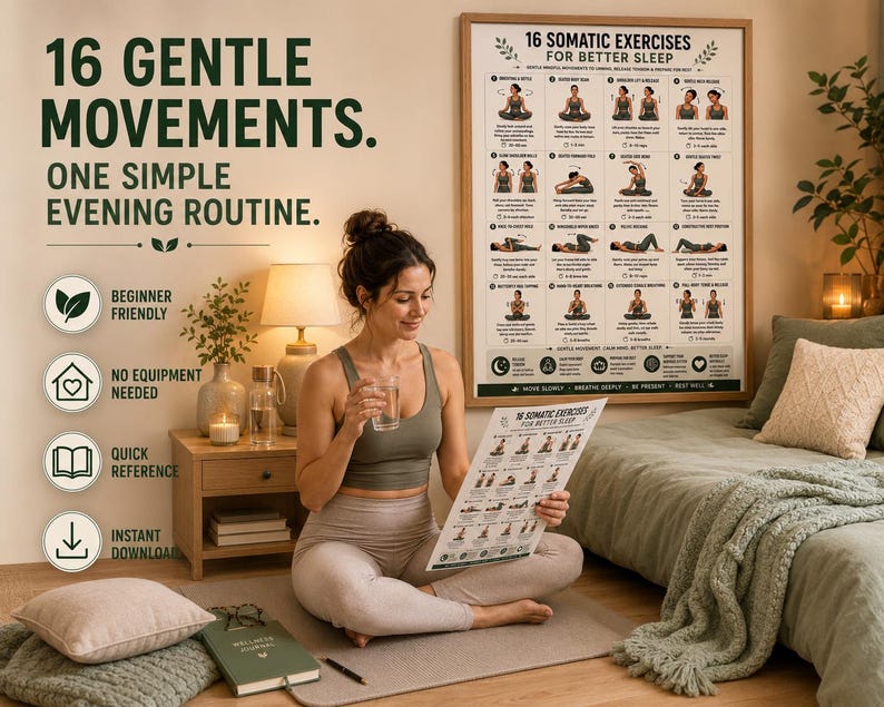 16 Somatic Exercises for Better Sleep | Bedtime Wind-Down Routine Printable | Gentle Mindful Movement Guide | Sleep & Relaxation Wall Art