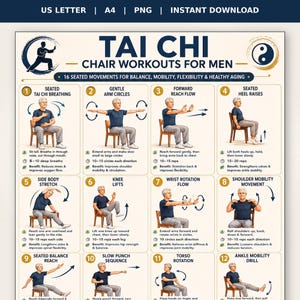 Op de afbeelding: Een informatieve poster met 12 zittende Tai Chi-oefeningen voor balans, mobiliteit en flexibiliteit. Elke oefening wordt gedemonstreerd met een persoon op een stoel, vergezeld van instructies en voordelen. De titel luidt "Tai Chi Chair Workouts for Men."