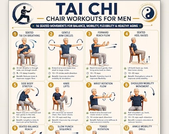Tai Chi Chair Workouts for Men Poster |Printable Chair Exercise Chart PDF | Seated Workout Guide | Gentle Senior Workout | Tai Chi Poster