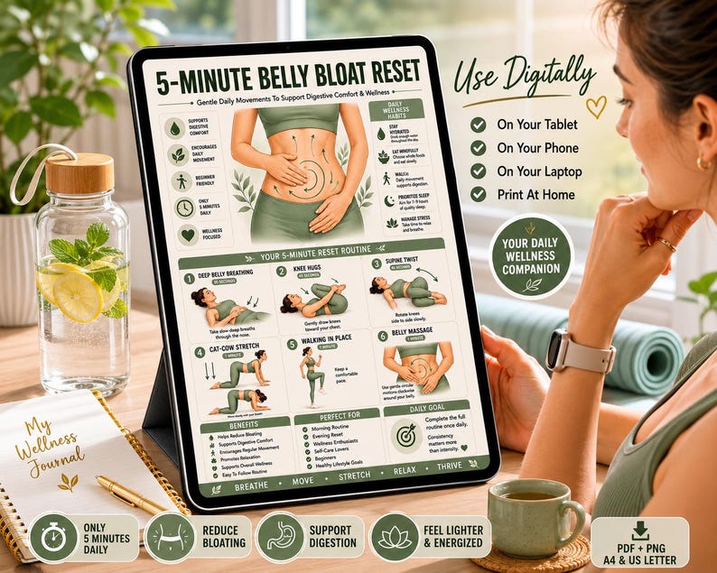 belly bloat relief • anti bloating routine • debloat exercises • digestive comfort • bloating remedy • gut wellness poster • gentle stretching routine • self care wall art • belly massage guide