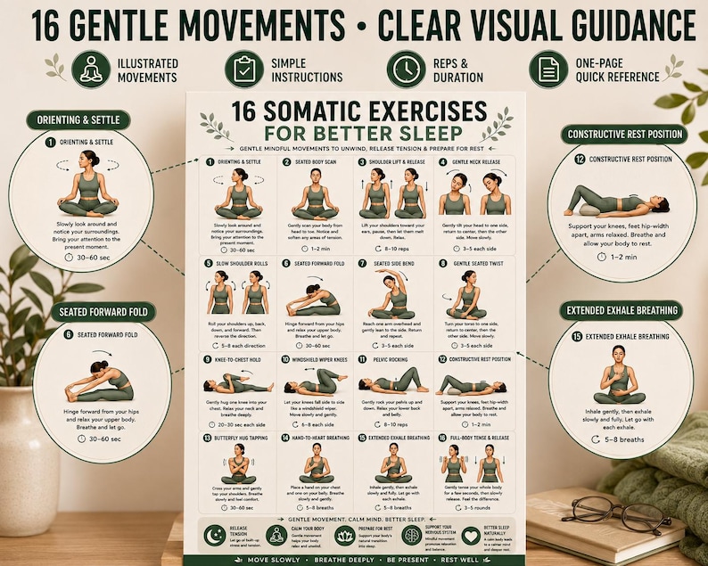 16 Somatic Exercises for Better Sleep | Bedtime Wind-Down Routine Printable | Gentle Mindful Movement Guide | Sleep & Relaxation Wall Art
