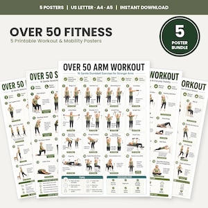 Op de afbeelding: Een set van vijf printbare fitnessposters getiteld Over 50 Fitness, met trainings- en mobiliteitsoefeningen. Elke poster toont genummerde illustraties van personen die bewegingen uitvoeren, vergezeld van tekstuele instructies voor arm-, balans- en stabiliteitsoefeningen.