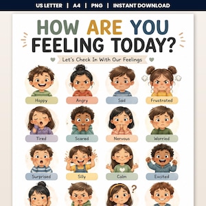 Vandaag voel ik mijn emoties | Poster met gezichtjes en gevoelens voor kinderen | Gevoelensoverzicht, SEL emotionele check-in printbaar PDF JPG