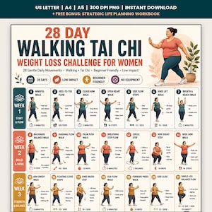 Puede incluir: Un gráfico de desafío de caminata Tai Chi de 28 días con una serie de ilustraciones de ejercicios numeradas e instrucciones de texto. El diseño incluye secciones semanales y una figura central que demuestra una postura de Tai Chi.