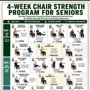 4-tygodniowy program ćwiczeń siłowych na krześle dla seniorów (do druku), 28-dniowy progresywny plan ćwiczeń w pozycji siedzącej, plakat PDF z monitorem aktywności fizycznej seniorów