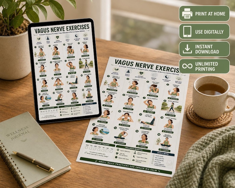 Vagus Nerve Exercises Printable, Breathing and Relaxation Routine, Gentle Movement Exercises, Daily Routine Chart, PDF Poster