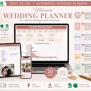 May include: An automated wedding planner digital template displayed on a laptop, tablet, and smartphone screen. The interface features blush pink headers, budget tracking charts, and task lists. Text includes Ultimate Wedding Planner, 20 Tabs, and Easy to Use. Icons represent dashboard, budget, color-coding, dropdowns, and vision boards.