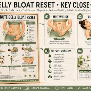 belly bloat relief • anti bloating routine • debloat exercises • digestive comfort • bloating remedy • gut wellness poster • gentle stretching routine • self care wall art • belly massage guide