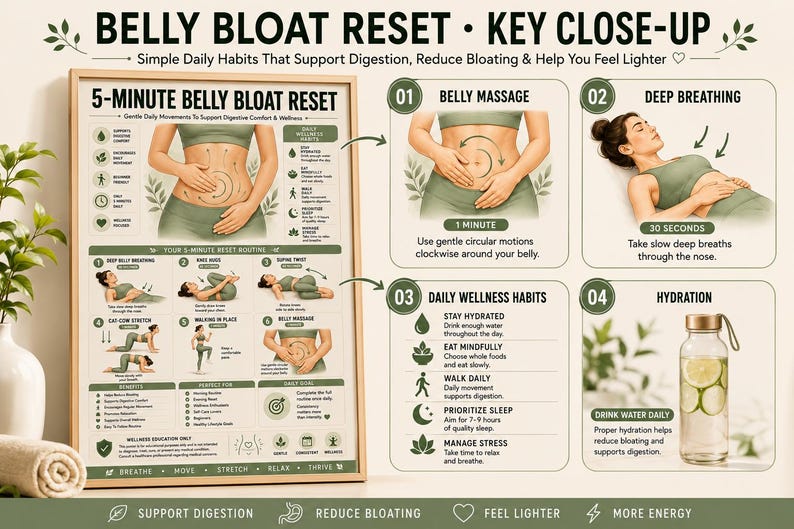 belly bloat relief • anti bloating routine • debloat exercises • digestive comfort • bloating remedy • gut wellness poster • gentle stretching routine • self care wall art • belly massage guide