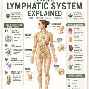 May include: An educational poster titled Complete Lymphatic System Explained, featuring a central anatomical illustration of the human body with green lymphatic pathways. It includes text sections on system functions, organs, and healthy flow tips.