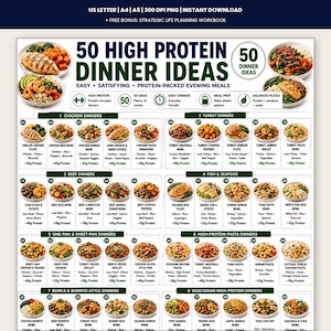May include: A digital meal planning chart titled 50 High Protein Dinner Ideas featuring a list of 50 food dishes categorized by protein type including chicken, turkey, beef, fish, seafood, pasta, and vegetarian options with protein counts.