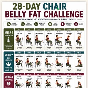 May include: A 28-day chair belly fat challenge workout chart featuring daily seated exercises. The document includes a grid layout with illustrations of a person performing movements like knee lifts, marches, and stretches, organized by week.