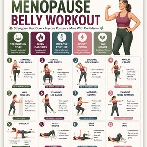 May include: A digital workout chart titled Menopause Belly Workout featuring sixteen numbered exercise illustrations. The guide includes instructions for movements like standing knee raises, wall push-ups, and glute bridges, with a bonus life planning workbook.