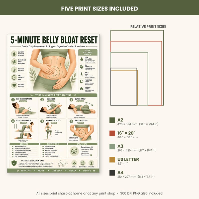 belly bloat relief • anti bloating routine • debloat exercises • digestive comfort • bloating remedy • gut wellness poster • gentle stretching routine • self care wall art • belly massage guide