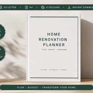 Può includere: Un pianificatore di ristrutturazione domestica bianco con testo verde scuro che recita Plan, Budget, Transform. La copertina presenta un sottile bordo verde scuro. Badge circolari indicano 76 pagine e funzioni modificabili.