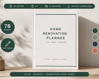 Home Renovation Planner Printable Editable | 76 Page Home Remodel Budget Tracker Checklist | Kitchen Bathroom Reno | A4 US Letter