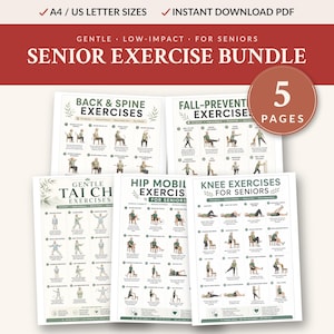 May include: A bundle of five exercise guides for seniors, featuring illustrations of various exercises. The guides cover back and spine, fall prevention, hip mobility, knee exercises, and Tai Chi. The text includes "A4/US Letter Sizes" and "Instant Download PDF".
