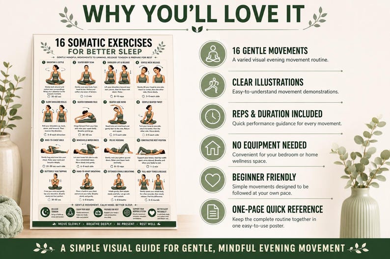 16 Somatic Exercises for Better Sleep | Bedtime Wind-Down Routine Printable | Gentle Mindful Movement Guide | Sleep & Relaxation Wall Art