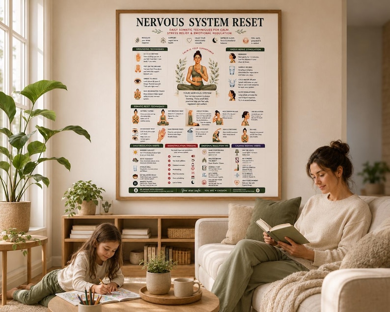 Nervous System Reset Printable, Somatic Techniques Poster for Stress Relief Anxiety, Vagus Nerve & Grounding Guide, A4 US Letter PDF