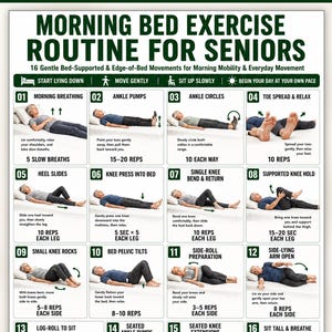 Puede incluir: Un cartel digital titulado Morning Bed Exercise Routine for Seniors, que presenta 16 ilustraciones numeradas de una persona realizando movimientos suaves en una cama. El documento incluye instrucciones de texto para cada ejercicio.