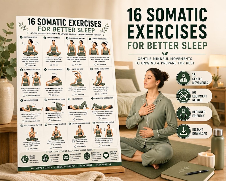 16 Somatic Exercises for Better Sleep | Bedtime Wind-Down Routine Printable | Gentle Mindful Movement Guide | Sleep & Relaxation Wall Art