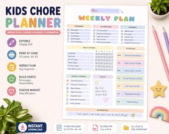 Planificador de tareas para niños imprimible / Tareas semanales, tabla de responsabilidades / Planificador diario / Lista de verificación de rutina escolar / Horario / Afirmación (PDF)