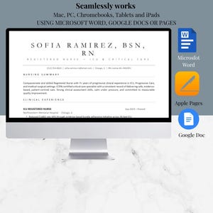 May include: A computer monitor displaying a resume for Sofia Ramirez, RN, with the text "Seamlessly works" at the top. Icons for Microsoft Word, Apple Pages, and Google Docs are on the right.