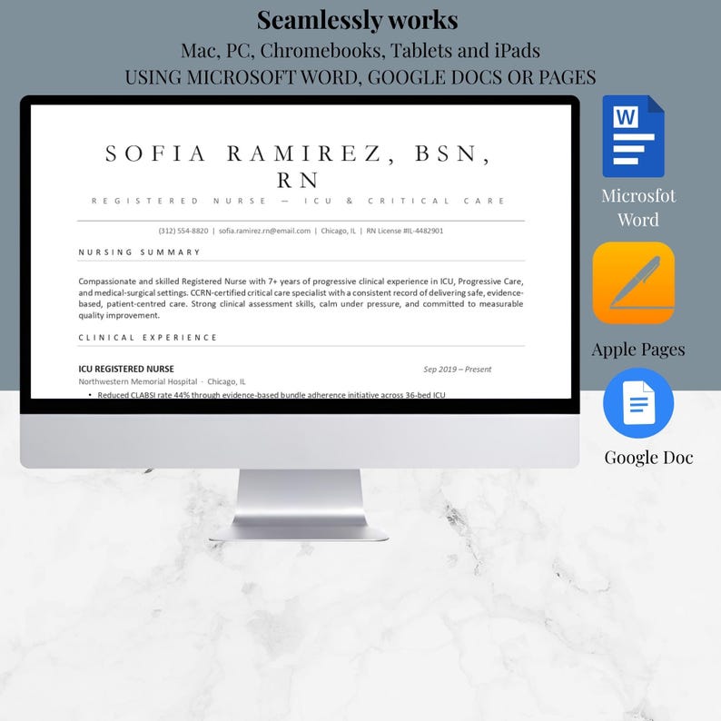 May include: A computer monitor displaying a resume for Sofia Ramirez, RN, with the text "Seamlessly works" at the top. Icons for Microsoft Word, Apple Pages, and Google Docs are on the right.