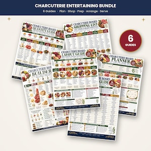 May include: A charcuterie entertaining bundle featuring six printed guides with text including Charcuterie Board Quantity Guide, Shopping List, Layout Guide, Builder, Planner, and Board Guide, all displaying food imagery and checklists.