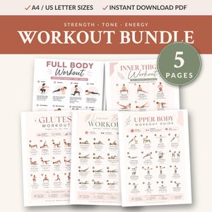 May include: A workout bundle with five pages, featuring exercise guides for full body, inner thigh, glutes, lower back, and upper body workouts. The bundle includes A4/US letter sizes and is an instant download PDF. The text on the top says "Strength, Tone, Energy".