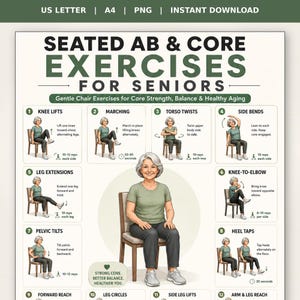 Puede incluir: Un gráfico de ejercicios digital titulado SEATED AB & CORE EXERCISES FOR SENIORS. Presenta doce ilustraciones numeradas de una persona realizando movimientos sentados como elevación de rodillas, marcha y giros de torso con instrucciones.