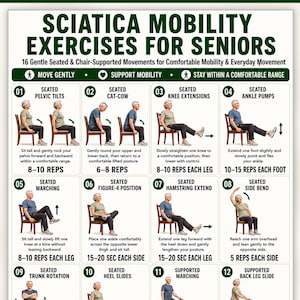 Tabla imprimible de ejercicios de movilidad para la ciática en personas mayores, 16 movimientos suaves sentados en silla para aliviar el nervio ciático, póster de ejercicios en silla
