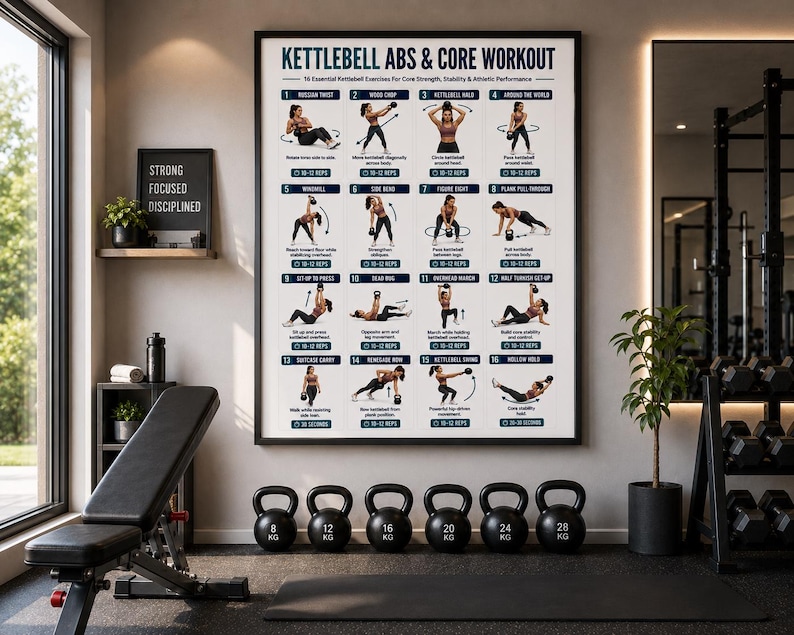Full Body Kettlebell Exercises, Kettlebell Workout Poster For Beginner, Strength & Conditioning Training Routine Home Gym Wall Art Printable