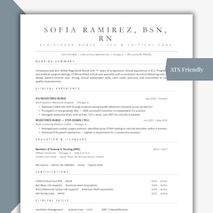 May include: A professional resume for Sofia Ramirez, RN, BSN, specializing in ICU and critical care. The document highlights clinical experience, education, licensure, and certifications, including BLS and ACLS. The resume is formatted with a clean, professional design.