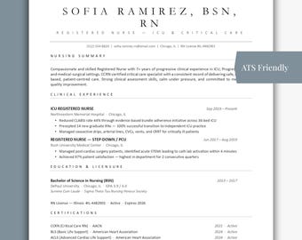 May include: A professional resume for Sofia Ramirez, RN, BSN, specializing in ICU and critical care. The document highlights clinical experience, education, licensure, and certifications, including BLS and ACLS. The resume is formatted with a clean, professional design.