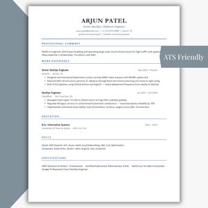 May include: A white resume titled "ARJUN PATEL" with professional experience and skills. The resume includes sections for work experience, education, and certifications. The document is labeled "ATS Friendly".