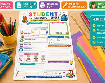 Student Information Sheet Printable | Back to School Classroom Form for Teachers|Student Info Card | Beginning of Year Meet the Teacher
