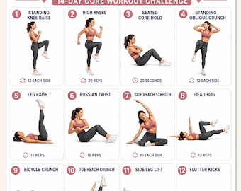 Vientre plano en 2 semanas (imprimible) / Reto de entrenamiento abdominal de 14 días / Tabla de 16 ejercicios abdominales / Rutina de ejercicios abdominales en casa para mujeres / Descarga instantánea