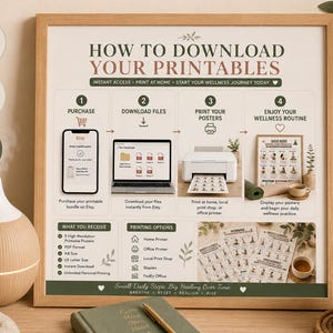 May include: A framed print titled "How to Download Your Printables" with instructions for purchasing, downloading, printing, and enjoying wellness routines. The image includes a phone, laptop, printer, and wellness posters. The text includes "Instant Download" and "PDF Included."