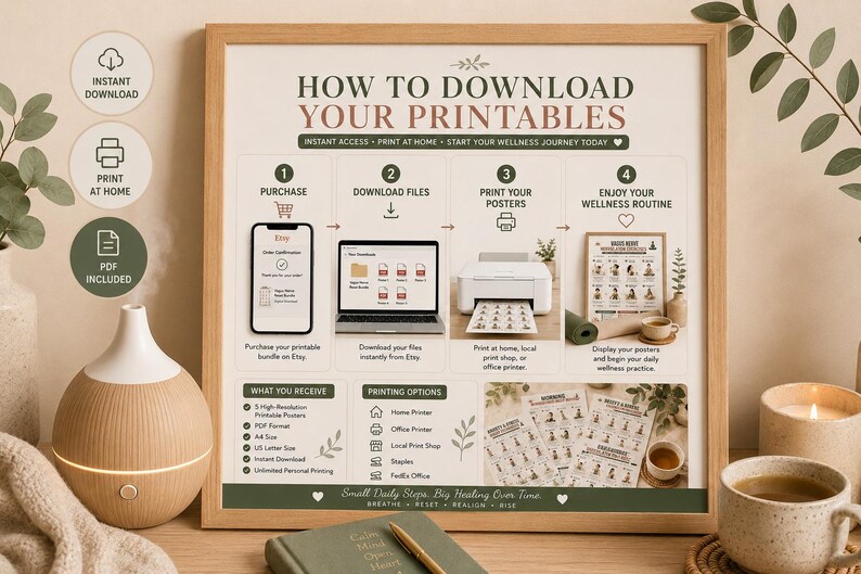 May include: A framed print titled "How to Download Your Printables" with instructions for purchasing, downloading, printing, and enjoying wellness routines. The image includes a phone, laptop, printer, and wellness posters. The text includes "Instant Download" and "PDF Included."