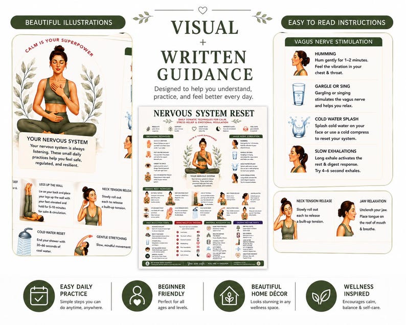 Nervous System Reset Printable, Somatic Techniques Poster for Stress Relief Anxiety, Vagus Nerve & Grounding Guide, A4 US Letter PDF