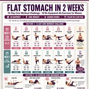 Flacher Bauch in 2 Wochen – Trainingsplan zum Ausdrucken | 14-Tage-Challenge für die Bauchmuskulatur | 16 Bauchübungen | Bauchmuskeltraining für Frauen zu Hause | Sofort-Download