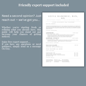 May include: A resume template with the name SOFIA RAMIREZ, BSN, RN. The resume includes sections for nursing summary, clinical experience, education, and certifications. Text on the left side of the image reads: "Friendly expert support included."