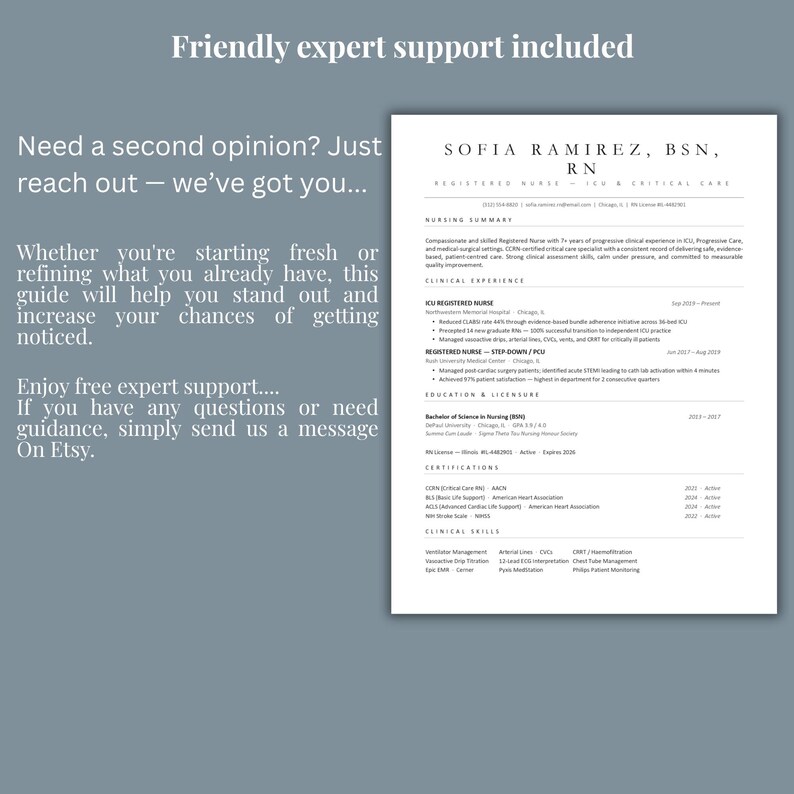 May include: A resume template with the name SOFIA RAMIREZ, BSN, RN. The resume includes sections for nursing summary, clinical experience, education, and certifications. Text on the left side of the image reads: "Friendly expert support included."